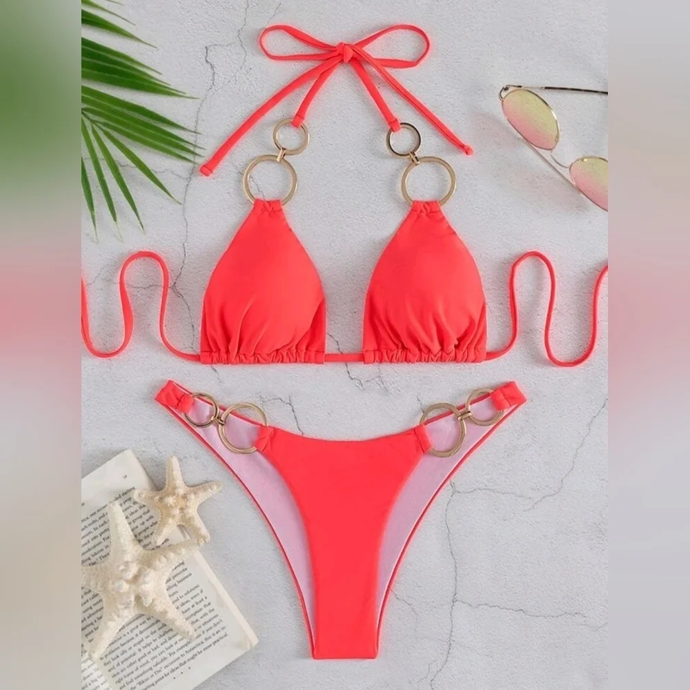NWT Swim Vacation Plain Ring Linked Halter Bikini Swimsuit